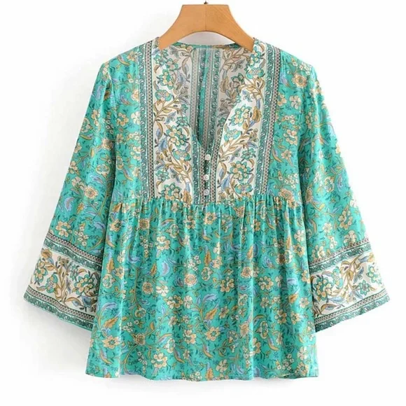 Boho Gypsy Floral Print Neck Tie Blouse - Picture 5 of 16